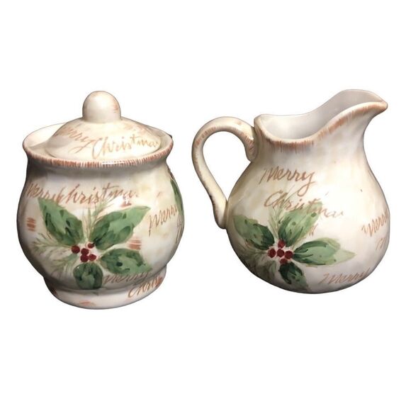 Merry “Country” Christmas Hand Painted Ceramic Creamer and Sugar Bowl. - Picture 1 of 8